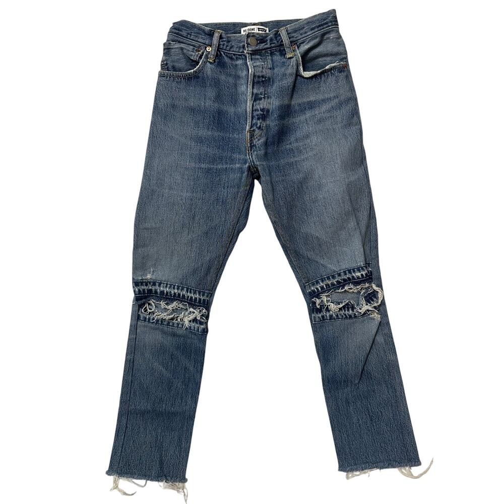 Re/Done Straight Leg High Waist Button Fly Cotton Denim Distressed Jean